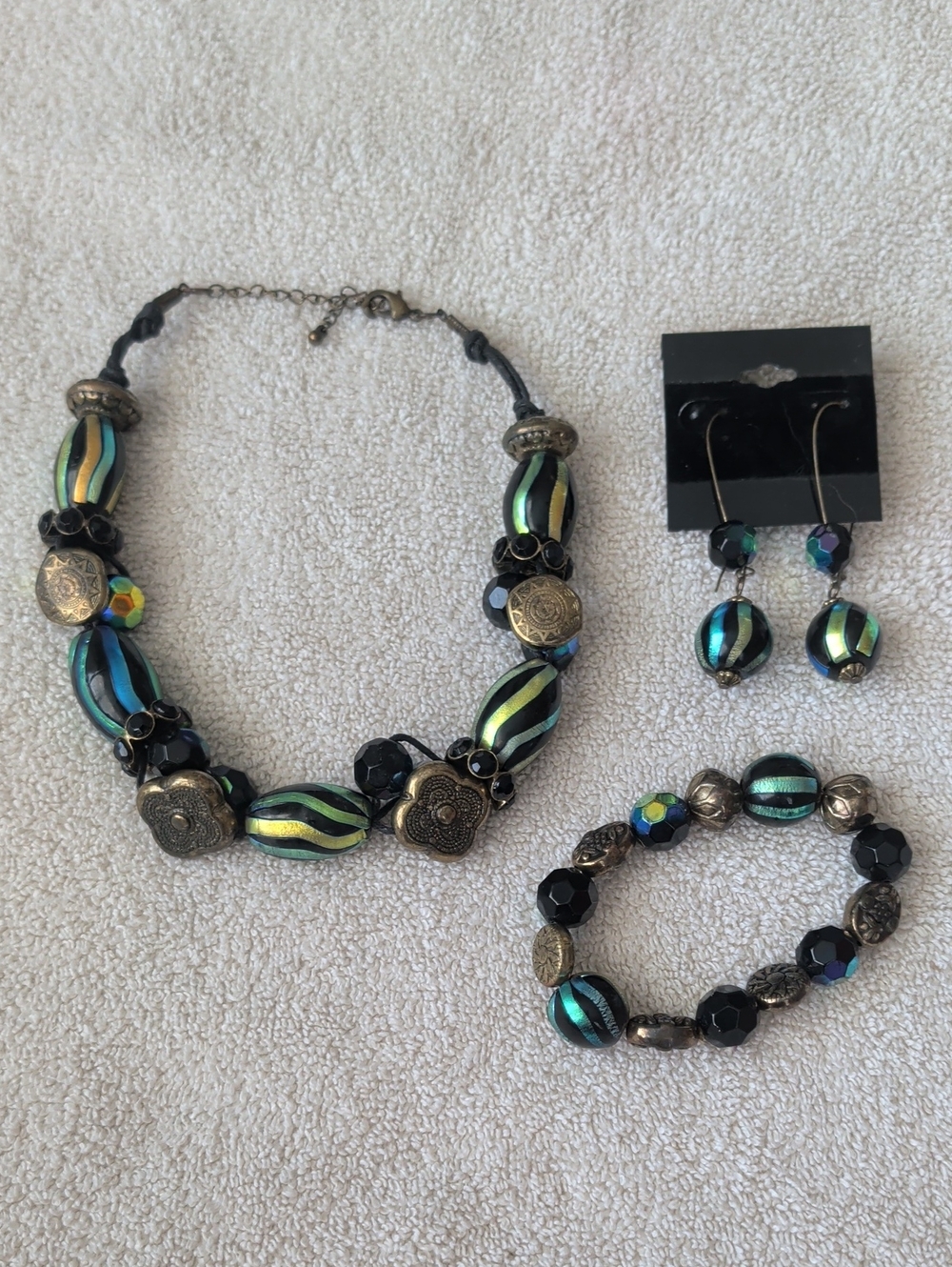 Peacock Foil Glass Chunky Jewelry Set - Necklace, Bracelet & Earrings